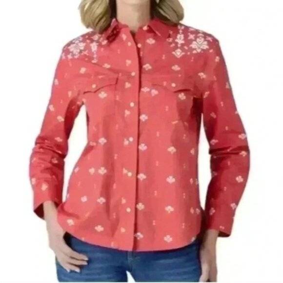 Wrangler Retro Top Womens Medium Red Floral Peral Snap Rodeo Cowgirl Western - Picture 1 of 7
